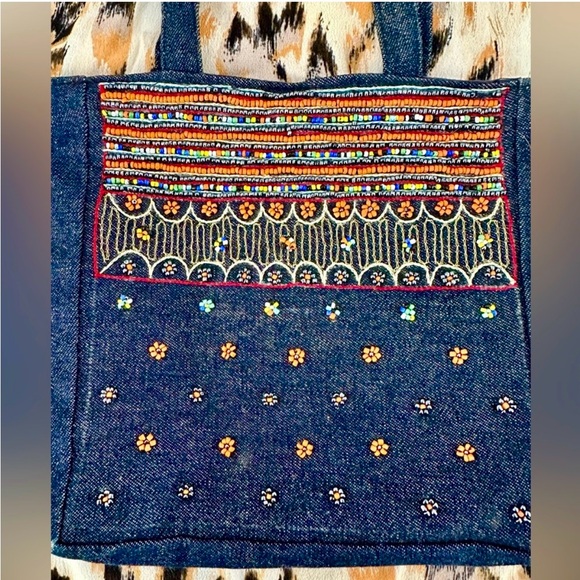 Vintage small dark denim beaded handbag - Picture 2 of 4